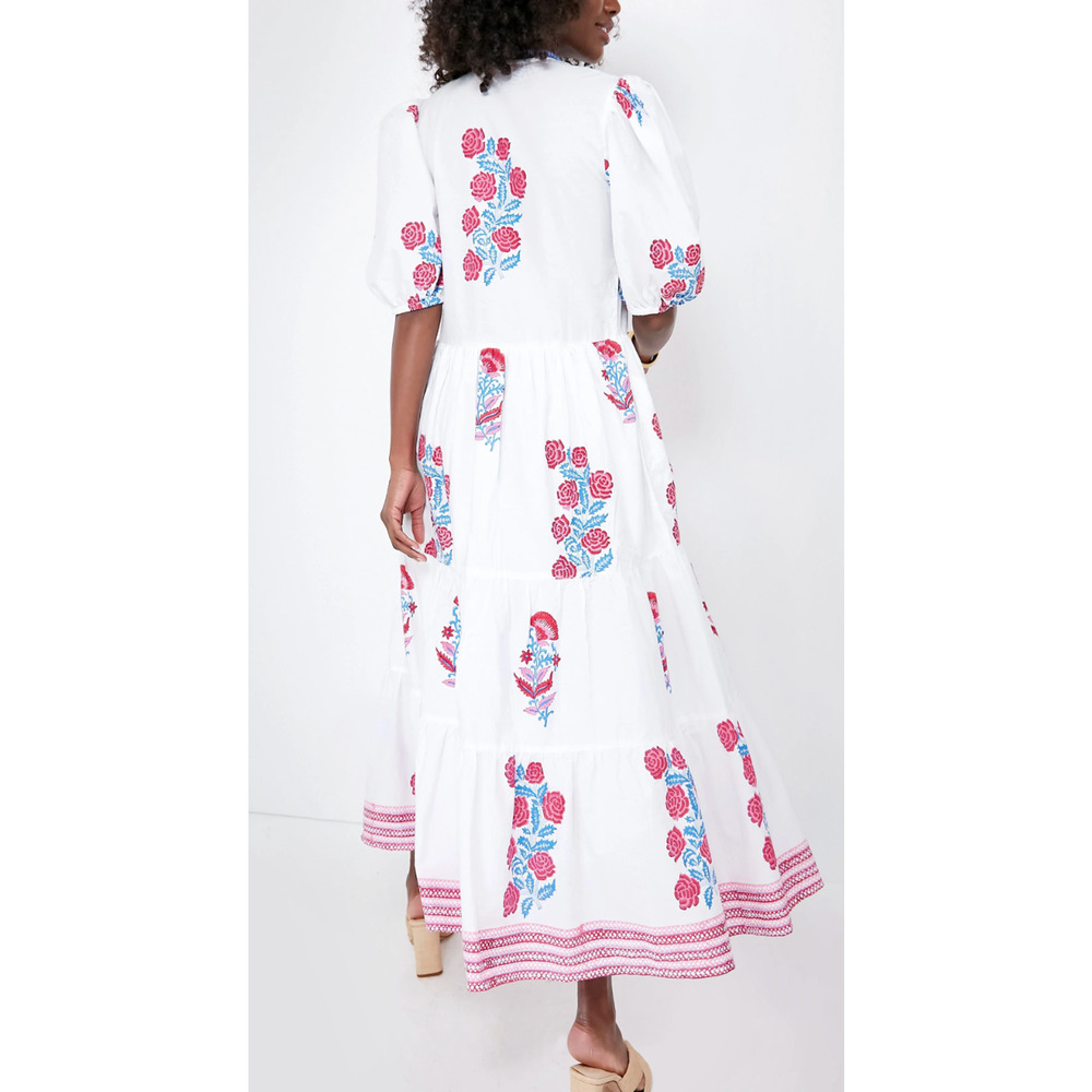 OLIPHANT Tuckernuck Pink Blue Block Print Grandiflora Puff Sleeve Maxi Dress XS - Picture 4 of 14